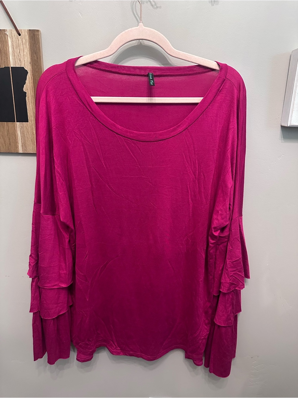 Womens Fuchsia Ruffle Sleeve Scoop Neck Top